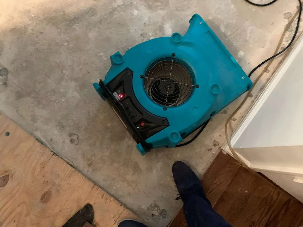 Air mover drying subfloor during Commercial Water Damage Restoration in Van Alstyne